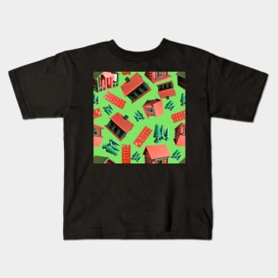 Jovielle Forest Birdhouses Tossed on Bright Green Kids T-Shirt
